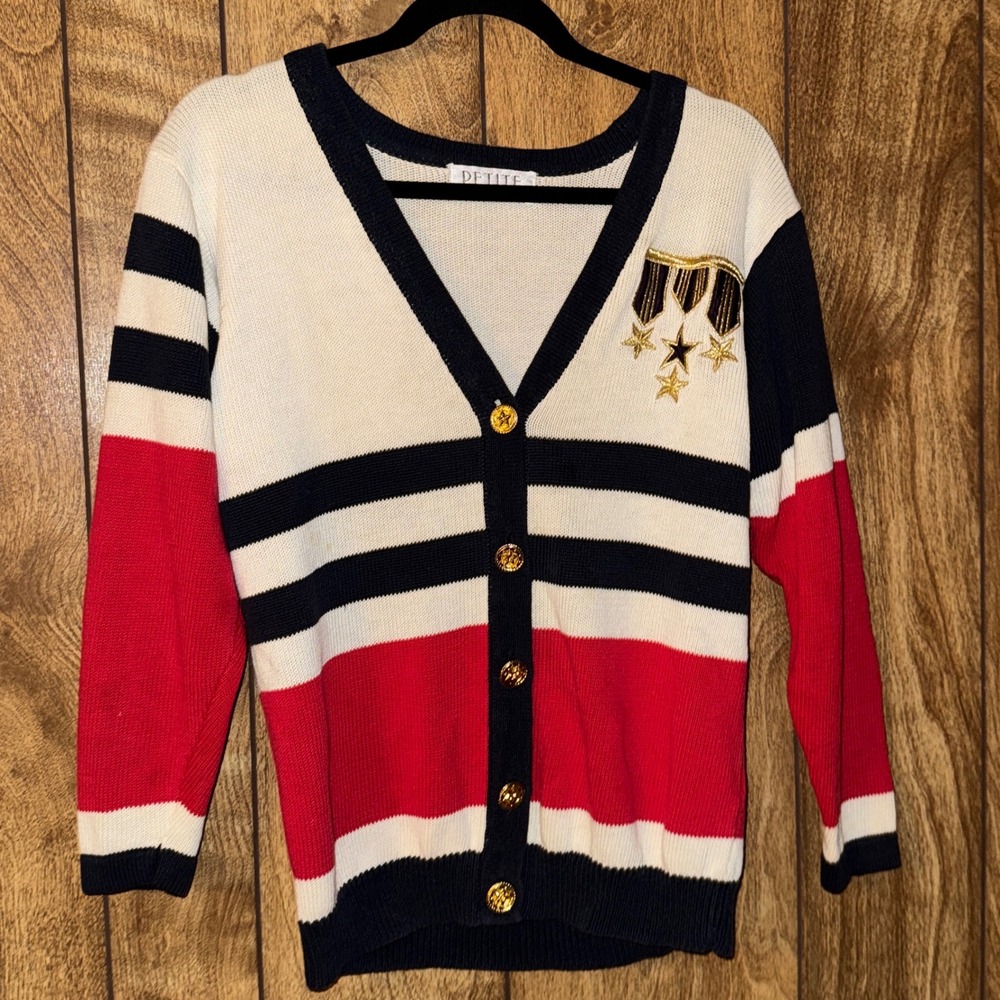 Petite Sophisticate Nautical ColorBlock Medal Cardigan Sweater Red White Blue S